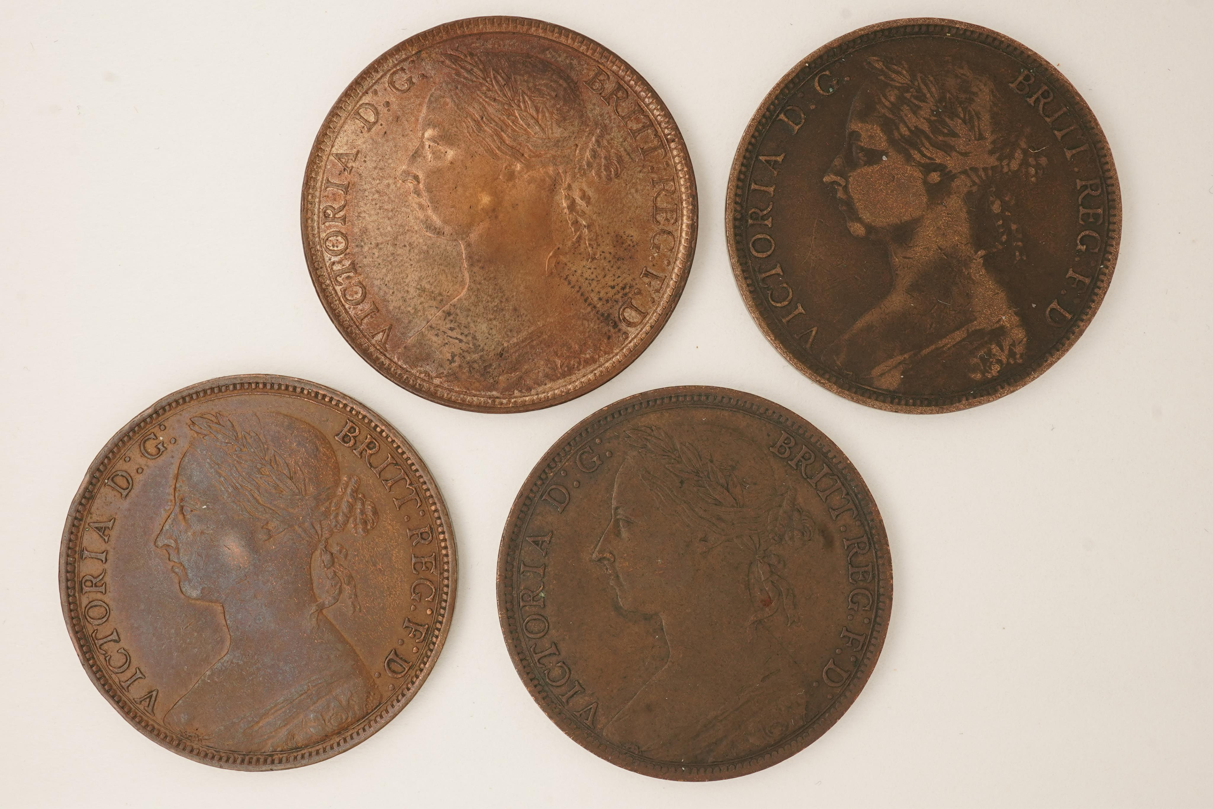 British coins, Victoria, four bronze pennies;, 1890, Fr. 130, Gouby dies R/r, EF, toning and lustre, 1891, Fr. 132, Gouby dies R/r, fine, dark toned, 1893, Fr. 136, Gouby dies R/r, good VF, dark toned, 1894, Fr. 138, Gou